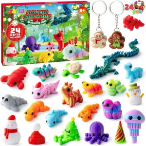 2025 Christmas Advent Calendar 3D Printed Toys, 24 Pcs 3D Printed Animal & Xmas Theme Toys, Christmas Countdown Calendar, Xmas Party Favors Supplies, Classroom Prizes, Fun Gifts for Kids